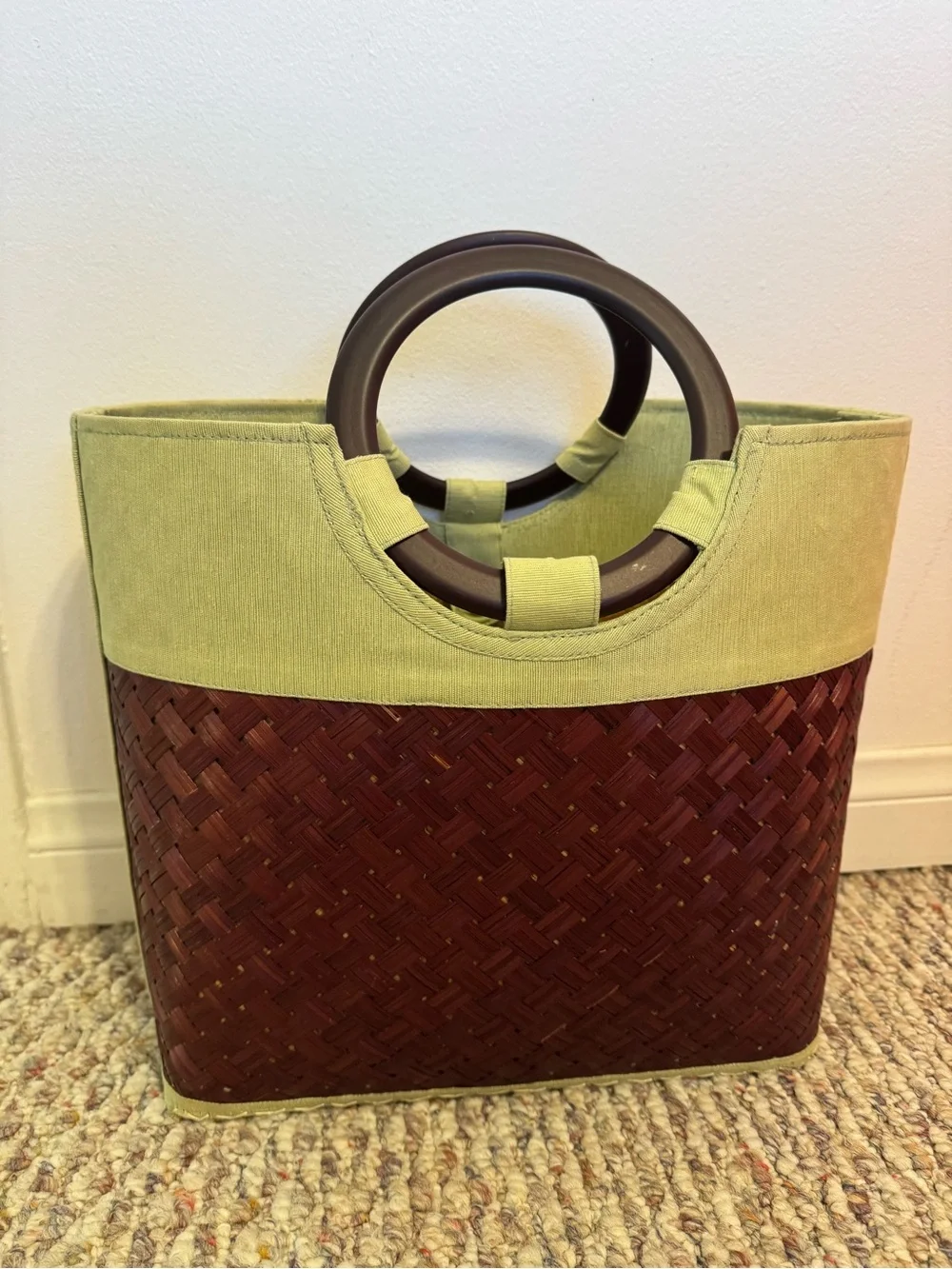Vintage TICO artisanal woven fiber summer tote.  Green & brown. EUC.